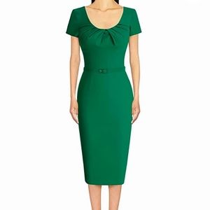 MUXXN Retro Emerald Green Short Sleeve Pleated Pencil Dress Green Large